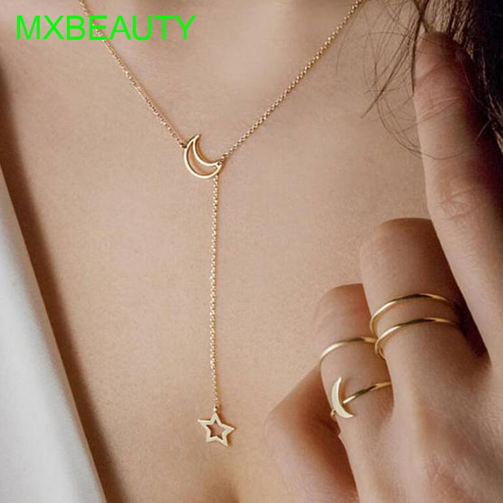 Dây chuyền hợp kim màu vàng/bạc họa tiết ngôi sao/mặt trăng duyên dáng cho nữ