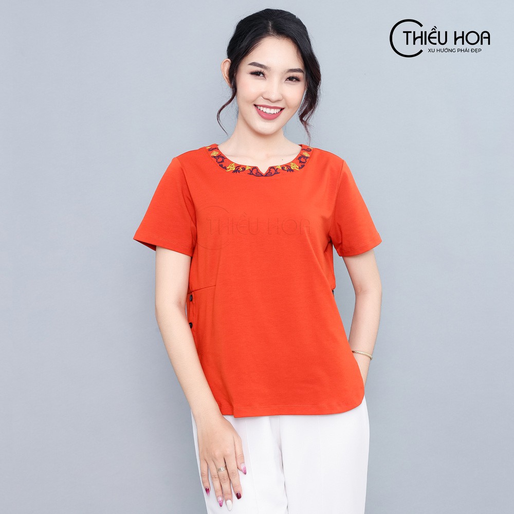 Áo Thun Trung Niên Thêu Hoa Đơn Giản Thiều Hoa T685