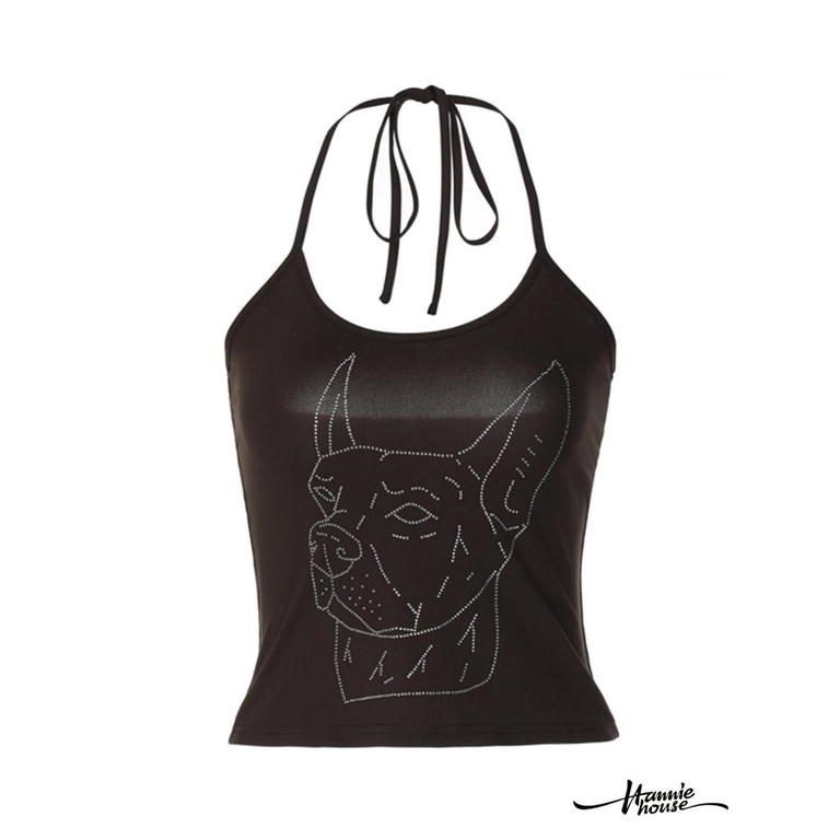 Áo Tank Top Hở Lưng Đính Đá Hình Chú Chó Dễ Thương Cho Nữ