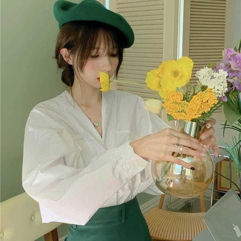 Set áo sơ mi tay dài cổ chữ V + chân váy thiết kế mới phong cách Retro Hàn Quốc