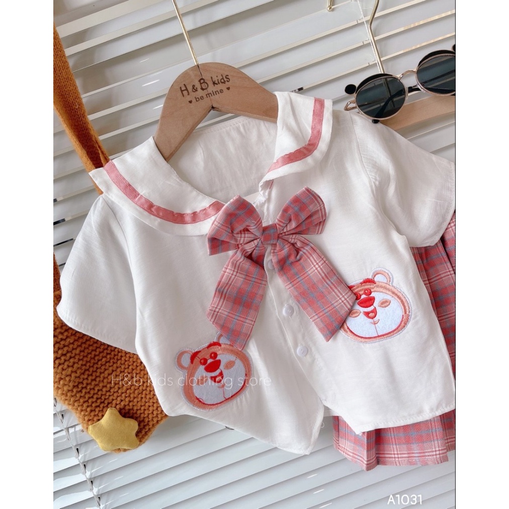 Sét váy xếp ly màu hồng và áo đũi trắng đi học đi chơi đều đẹp nha các mẹ cho bé từ 18-35kg