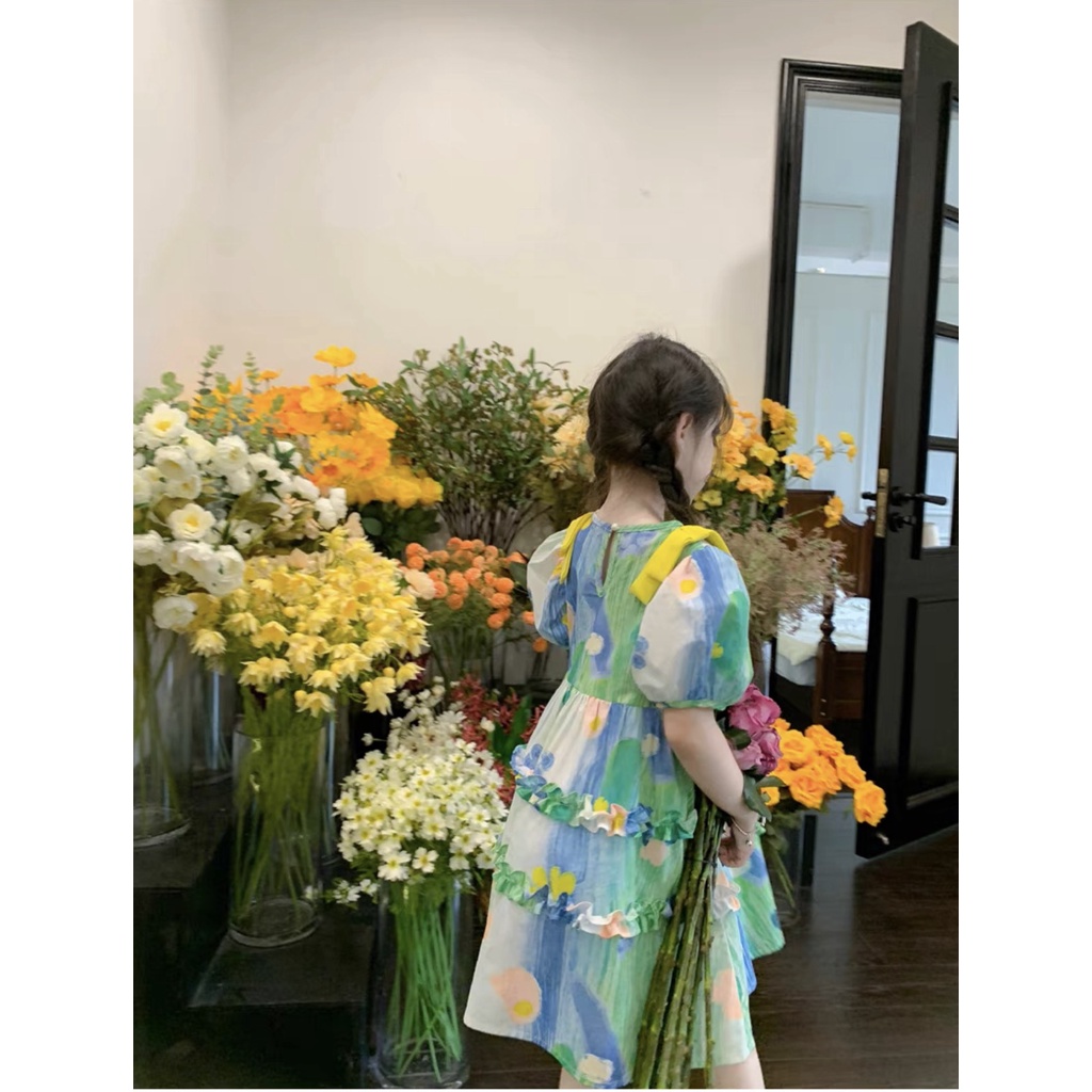 Váy hoa xanh nơ vàng cho bé gái 9-35kg size nhỡ G20
