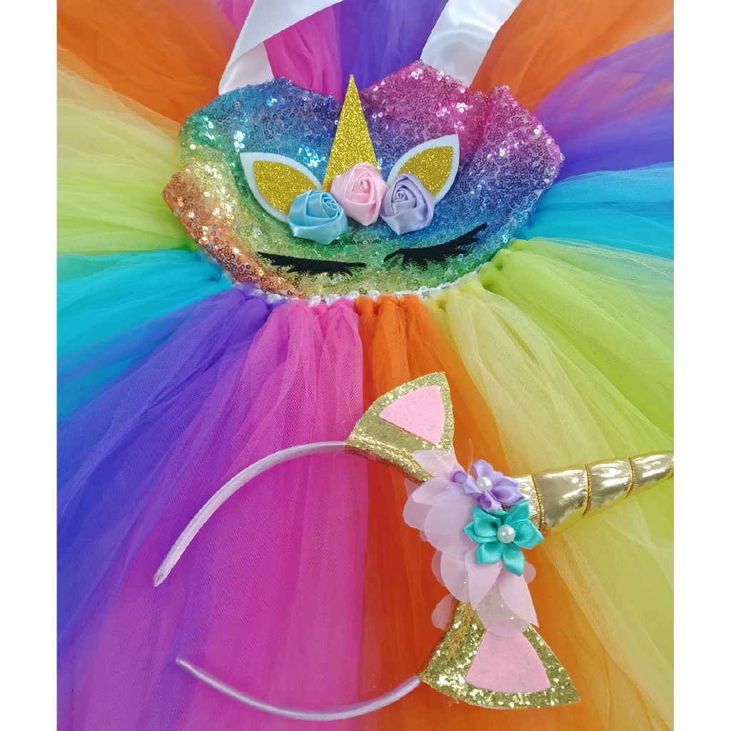 Đầm Công Chúa Họa Tiết Kỳ Lân Kèm Băng Đô Cài Tóc Thời Trang Cho Bé Gái