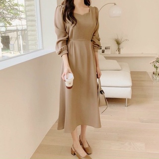 Đầm thu đông thanh lịch màu kem tay dài thắt eo (kèm hình thật)