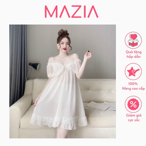 Set váy ngủ nữ đầm ngủ chiffon bẹt vai phối ren dễ thương, thoải mái, sexy, đáng yêu V2S0003