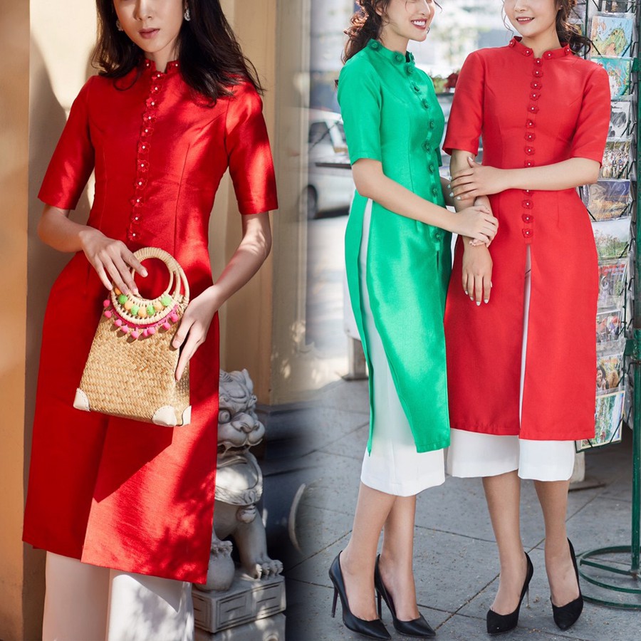 Set áo dài cổ tàu dáng ngắn cho người béo mập - VBEO206