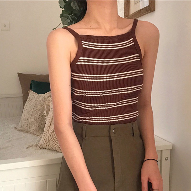 Áo yếm hai dây chất len tăm sọc ngang phong cách cho nữ