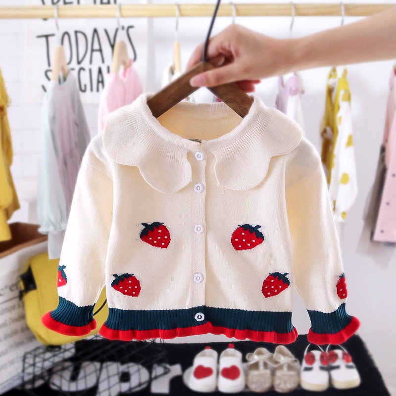 Áo cardigan bé gái sơ sinh 1/2/3 tuổi - Áo khoác len Cardigan họa tiết trái dâu dễ thương - HARABI SHOP | BigBuy360 - bigbuy360.vn