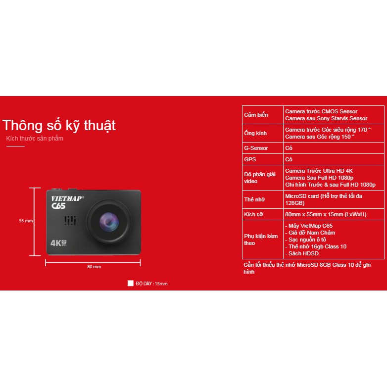 (BH điện tử 12 tháng) Camera hành trình Vietmap C65 ghi hình trước-sau siêu nét 4K, thẻ nhớ 64Gb