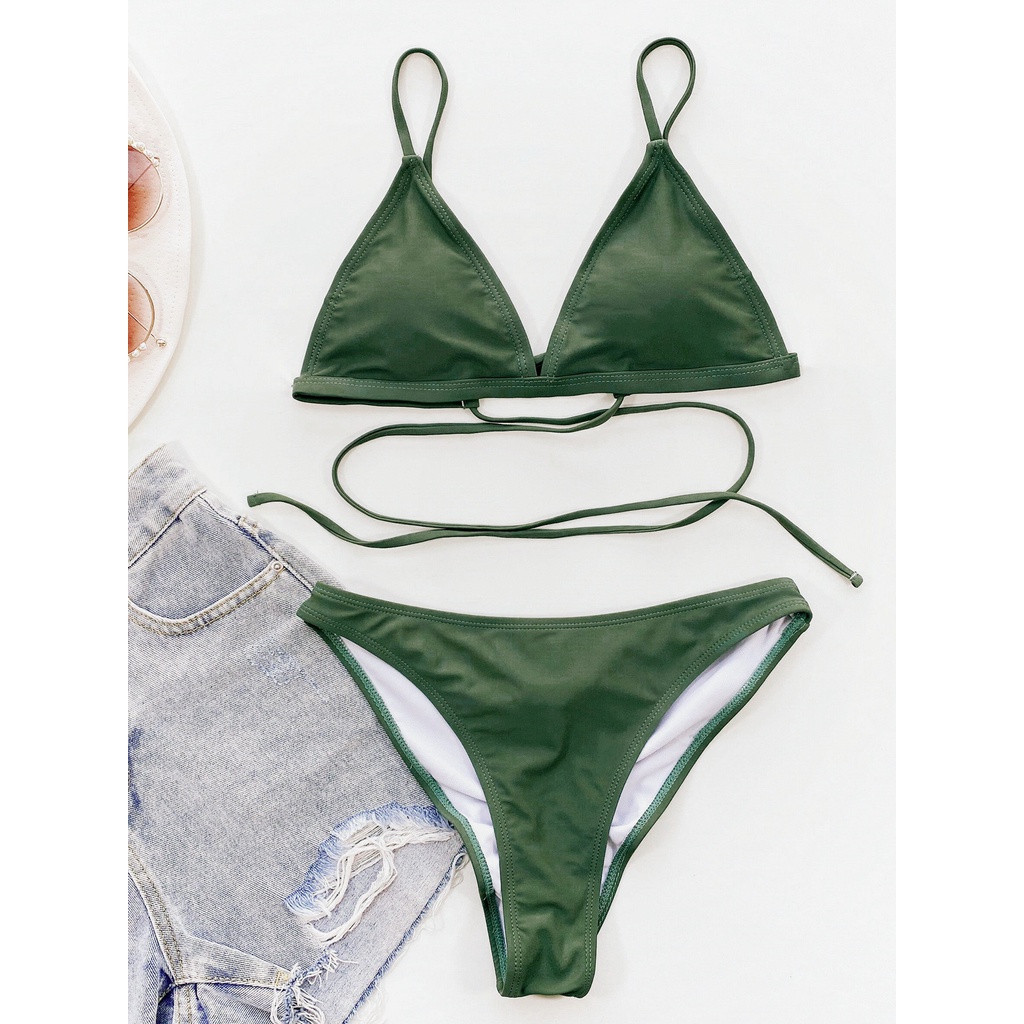 Bộ Bikini Màu Xanh Cổ Chữ V Lưng Cao Trẻ Trung Quyến Rũ Dành Cho Nữ