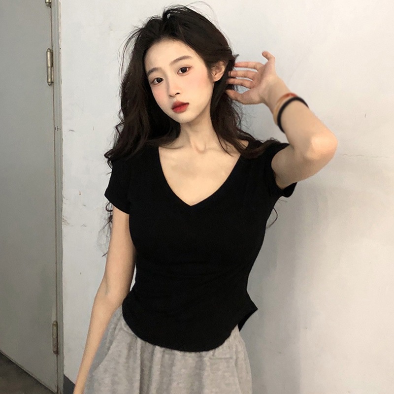 Áo Thun Croptop Tay Ngắn Cổ Chữ V Màu Trơn Phong Cách Hàn Quốc Thời Trang Mùa Hè Cho Nữ