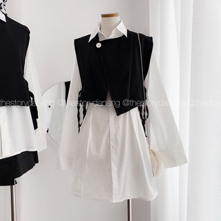 Set đầm tay dài chít eo, ghi lê nữ đen thắt nơ [STORY MADE] S504 (ảnh thật)