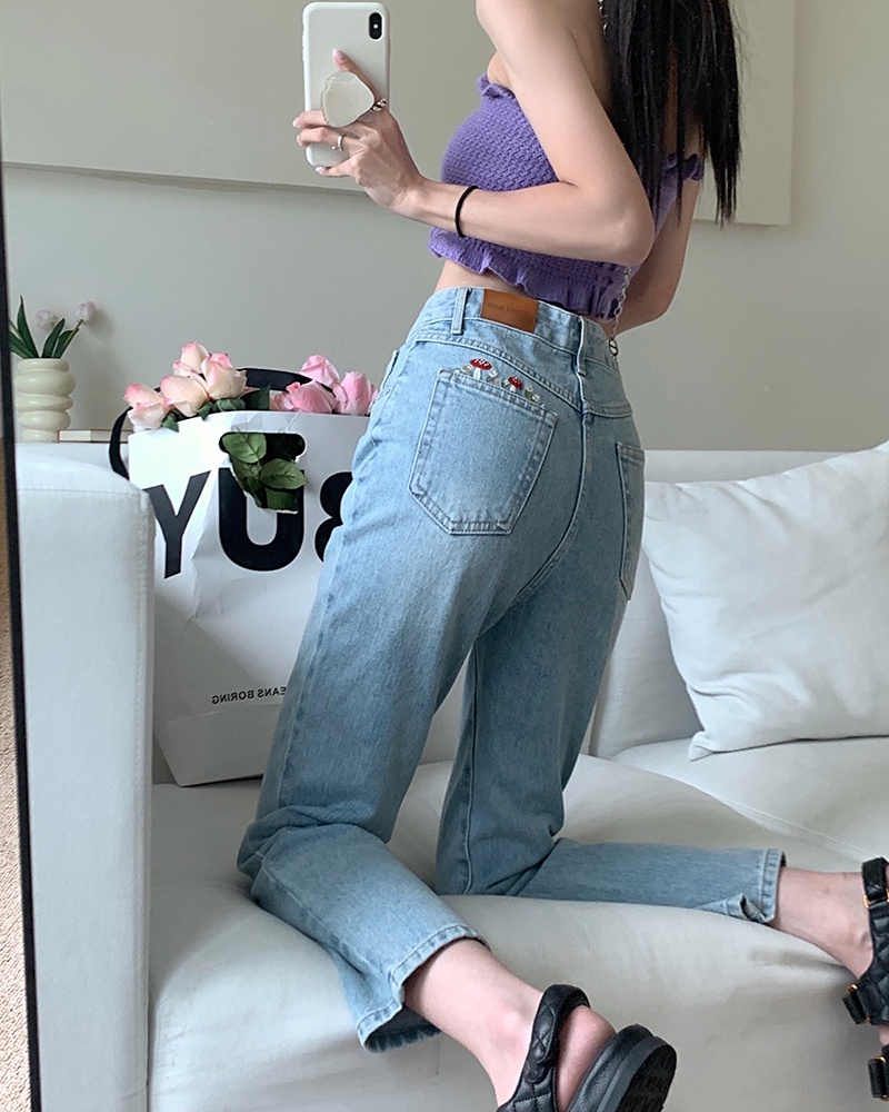 Quần Denim Ống Suông Lưng Cao Thêu Hình Nấm Phong Cách Mới Mùa Hè 52328