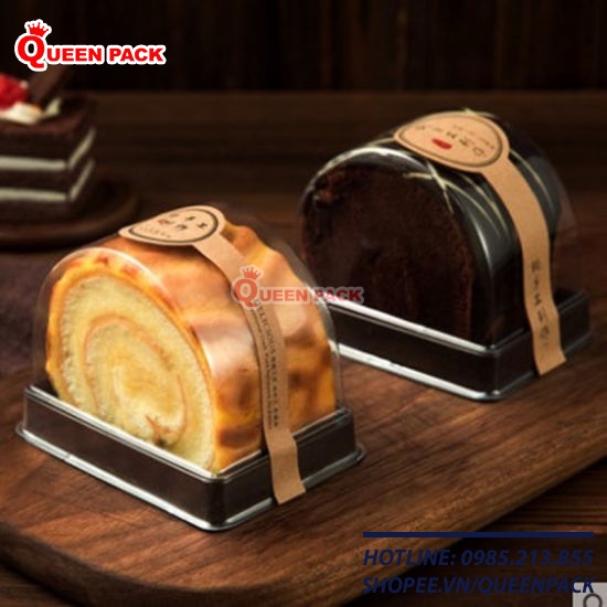 [QP-B107] SET 50 Hộp Nhựa Đựng Bánh Bông Lan Cuộn Đế đen kèm nắp nhựa PET trong