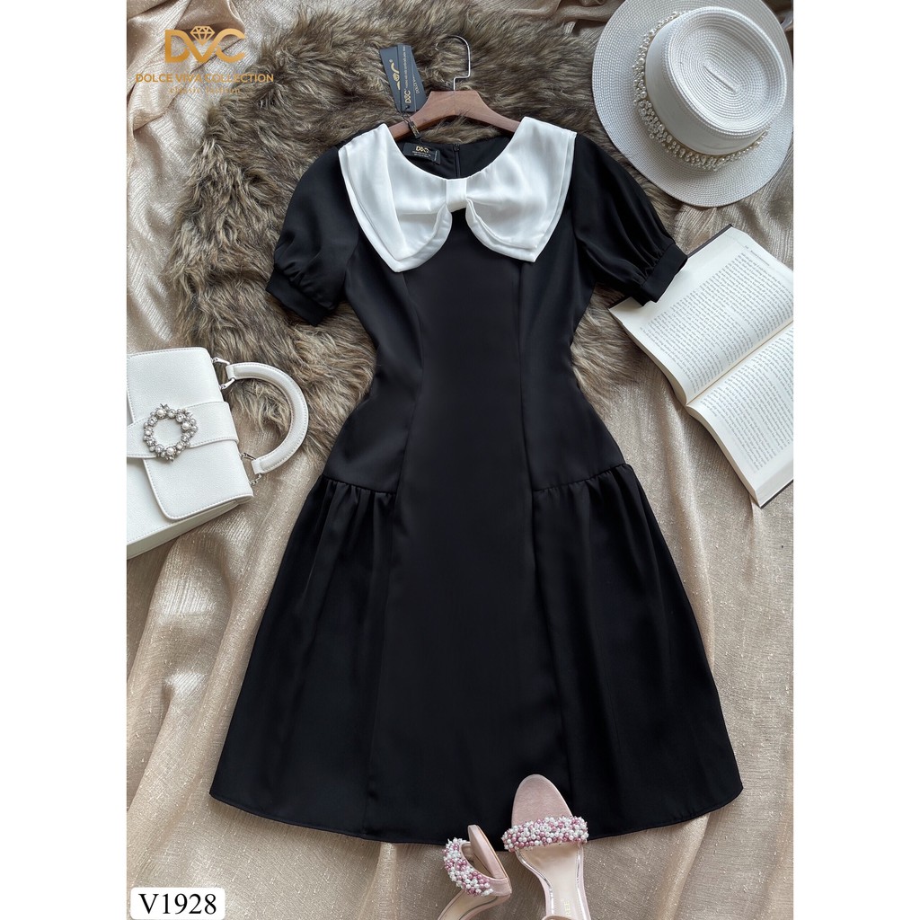 Váy đen xòe phối nơ trắng V1928 - Đẹp Shop DVC (Kèm ảnh thật trải sàn do shop tự chụp) | BigBuy360 - bigbuy360.vn