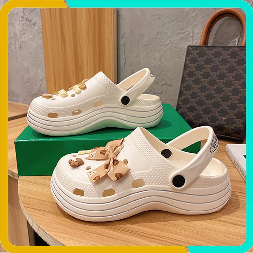 Dép Bánh Mì Cross ZNT Đế Cao 5cm, Hình Gấu Trẻ Trung, Kèm Bộ Sticker Như Hình, Mẫu Hot Trong Năm