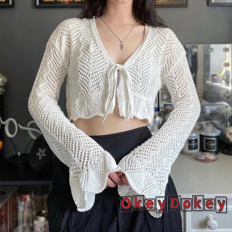 Áo Cardigan Dệt Kim Màu Trắng Tay Loe Cổ Điển OKDK-Y2K Fairycore