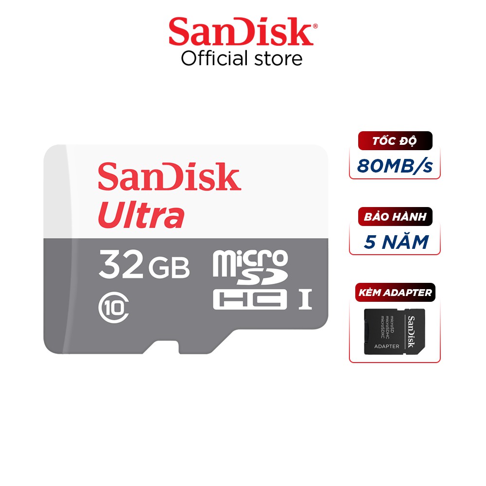 [Mã ELWDSD giảm 8% tối đa 200K] Thẻ nhớ microSDHC Sandisk 32GB upto 80MB/s 533X Ultra UHS-I tặng Adapter - Chính hãng | BigBuy360 - bigbuy360.vn