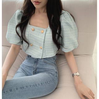 (HÀNG CÓ SẴN) Áo croptop vải tweed mỏng cổ vuông nút ngọc xinh xắn (có hình thật)