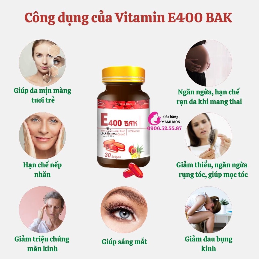 Viên uống vitamin E400 BAK đỏ đẹp da Shop MamiMon - viên uống E 400mg bổ mắt sáng da trắng da chống lão hoá 30 viên