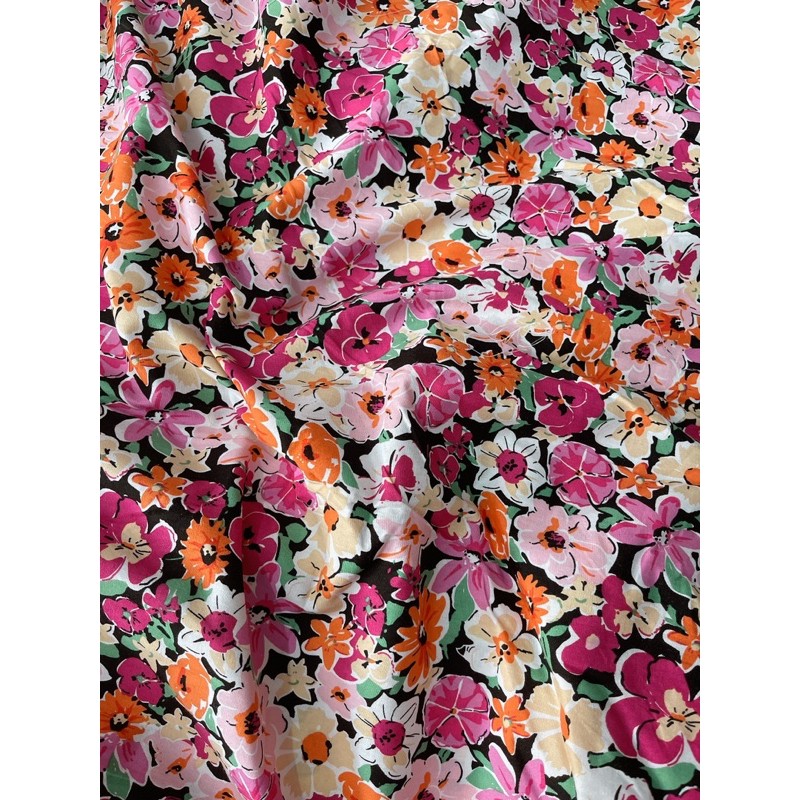 Vải thô cotton hoa hồng tím phối cam