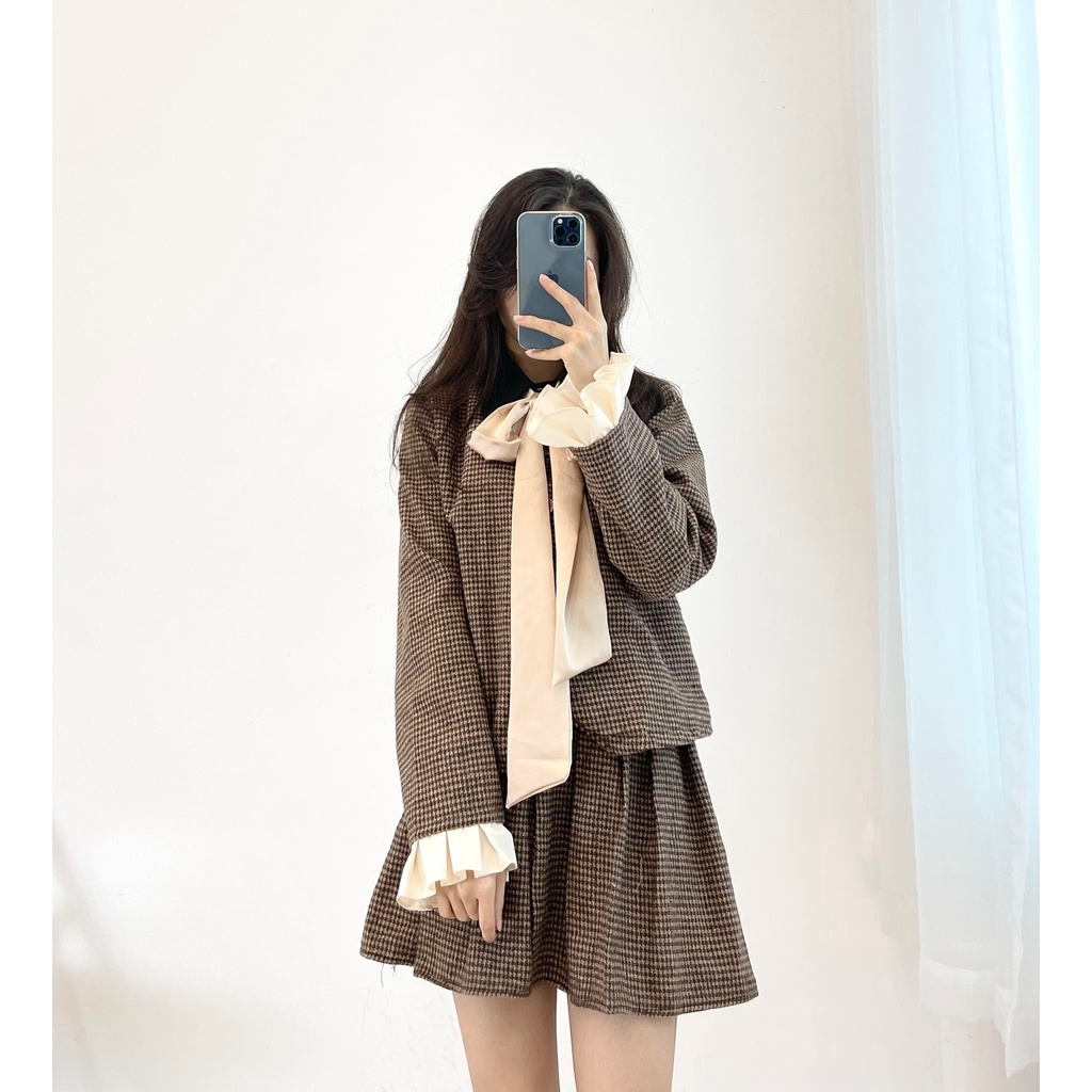 (FREESHIP) Set dạ nâu nơ be tay xòe hàng quảng châu Miho house