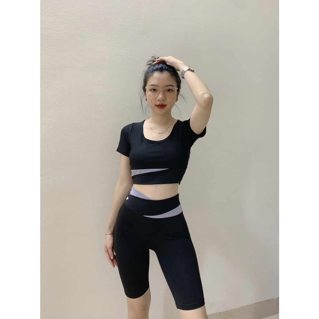 Bộ quần áo tập gym nữ phối 2 màu, đồ thể thao yoga, erobic nữ áo có tay kèm mút đệm ngực )