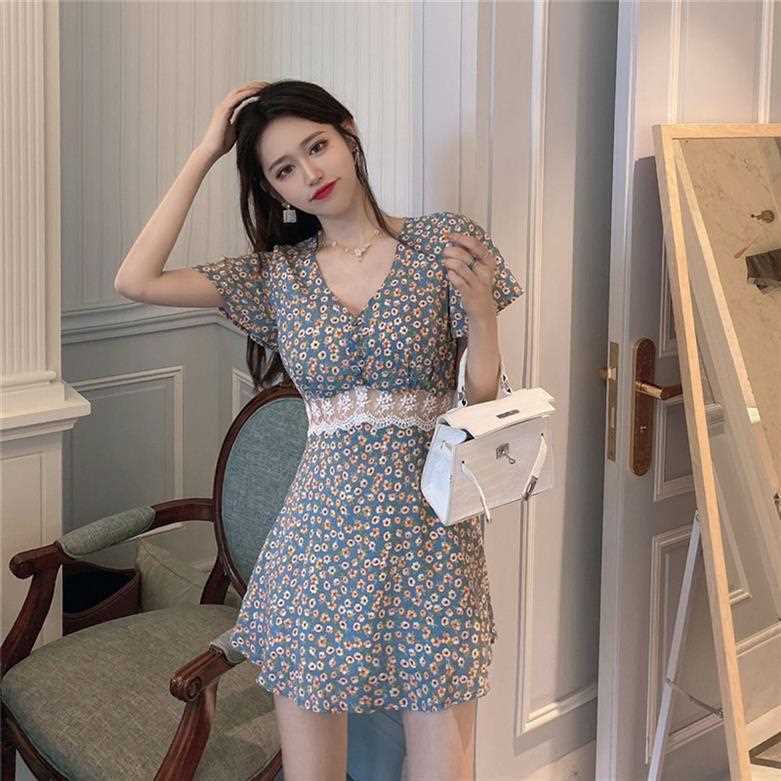 Đầm hoa cổ V tay ngắn thời trang ngọt ngào dành cho nữ