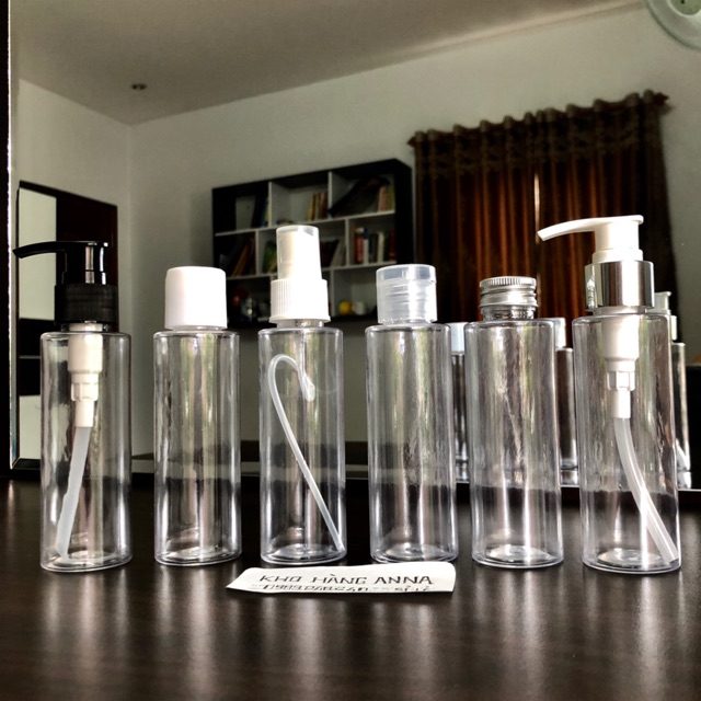 10 chai nhựa trong suốt 100ml/ 200ml / 250ml- combo 10 chai pet nhựa lun vòi nhấn nhỏ giọt, xịt phun sương, nắp nhôm