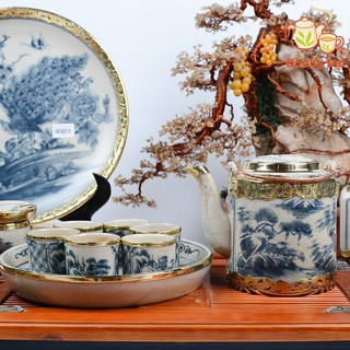 Bộ ấm tích men rạn bọc đồng - ấm chén cao cấp, hãm nước vối, trà xanh gốm sứ bát tràng đương đại