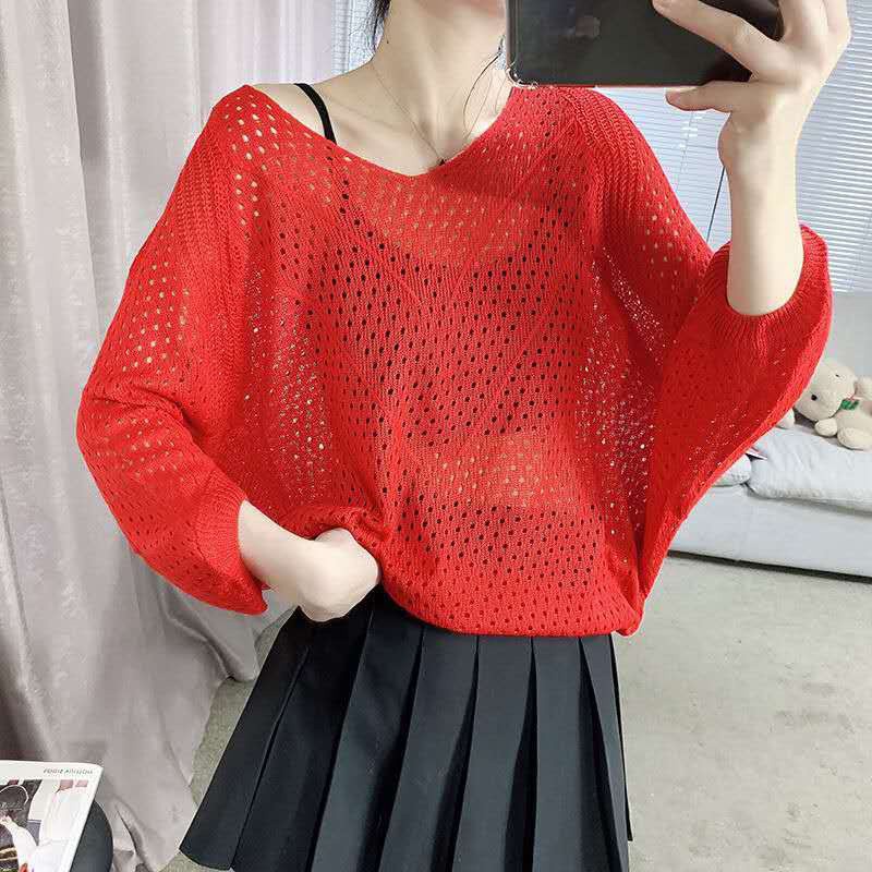 Simple Fashion Shirt Air Conditioning Shirt Plus-Sized Thin Hollow Knitwear Women's Summer Women's Loose Large Size Batwing Shirt Air Conditioning Shirt Top Women