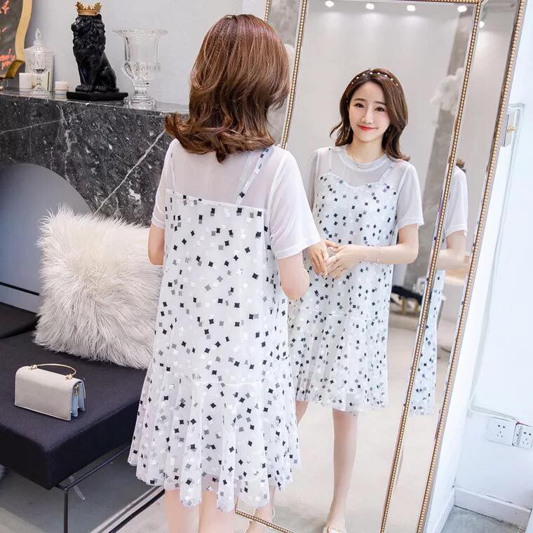 Váy bầu đầm bầu suông big size thời trang phối ren kim tuyến