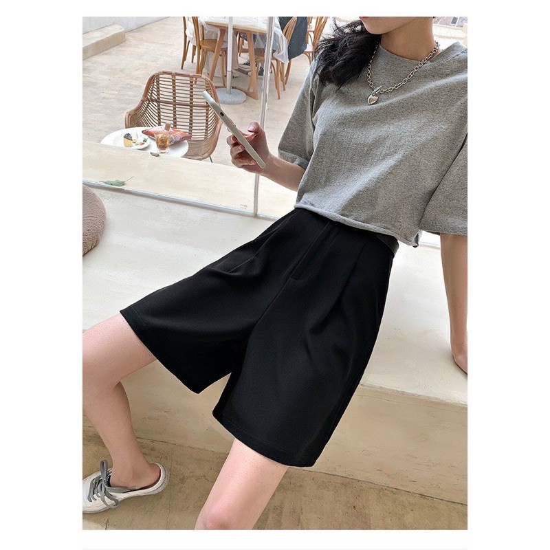 Quần đùi lửng nữ ống rộng dáng ngố ngang gối màu đen - Quần short sooc lửng nữ bigsize cạp lưng cao mặc đi biển hẹn hò