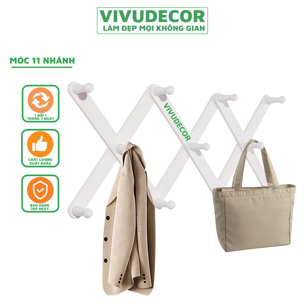 Móc treo tường Vivudecor 11 nhánh, Móc treo quần áo biến hình phù hợp với mọi không gian, tặng kèm 2 miếng dán 3M
