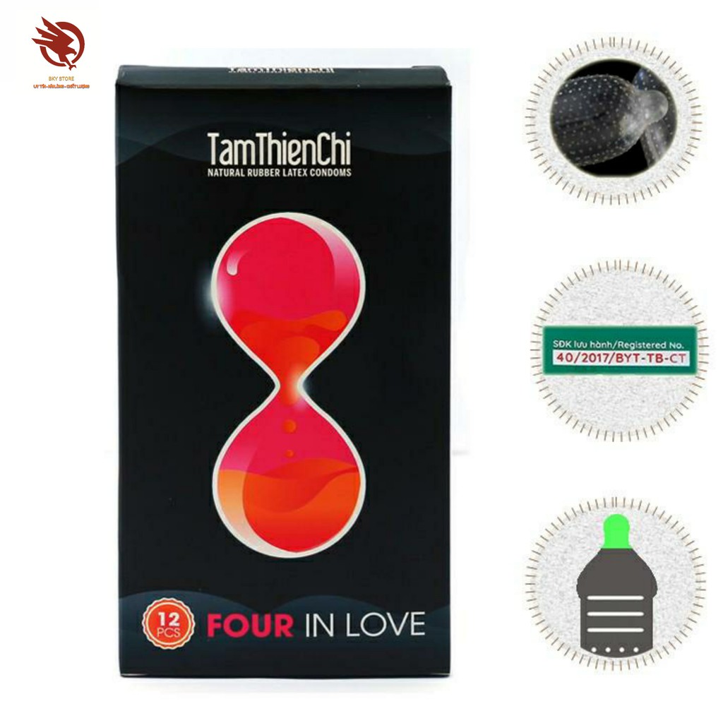 [ CHÍNH HÃNG ]- Bao cao su Tâm Thiện Chí Four In Love 4in1, Siêu mỏng cao cấp, Gân gai, kéo dài thời gian - Hộp 12 cái