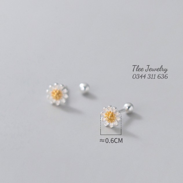 Khuyên tai bạc nữ TLEE hoa cúc nhị vàng mini xinh xắn chốt bi vặn TleeJewelry B0127