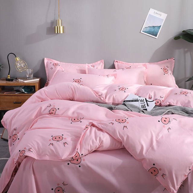 Bộ Drap &amp; Chăn Phao Cotton Poly Mũi Lợn Hồng