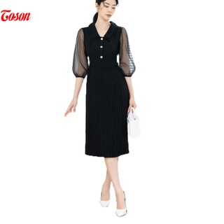 Đầm đen mango chân dậy, cổ và tay phối ren chấm Toson 4978B82