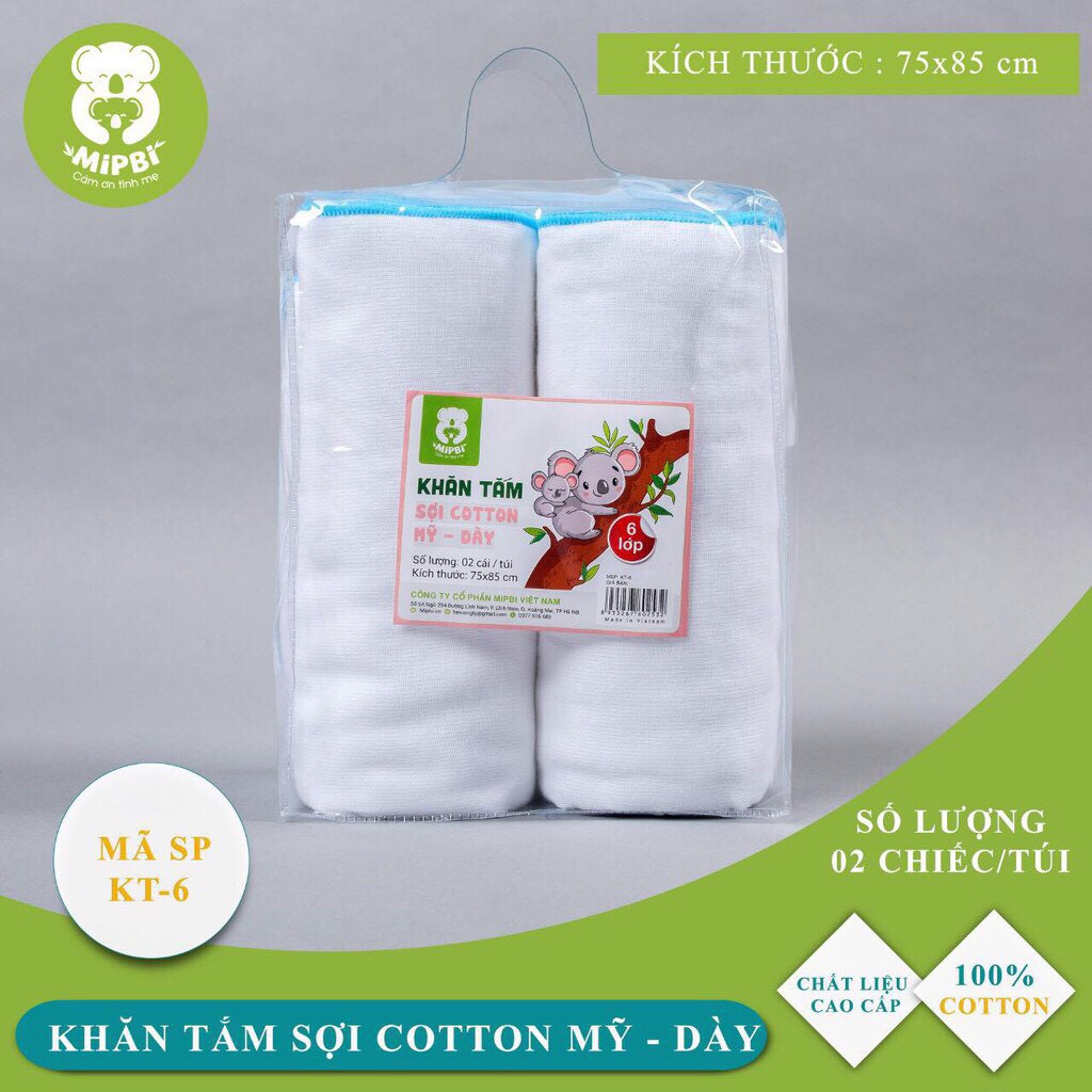 Set 2 khăn tắm sợi cotton Mỹ dày Mipbi 4 lớp, 6 lớp