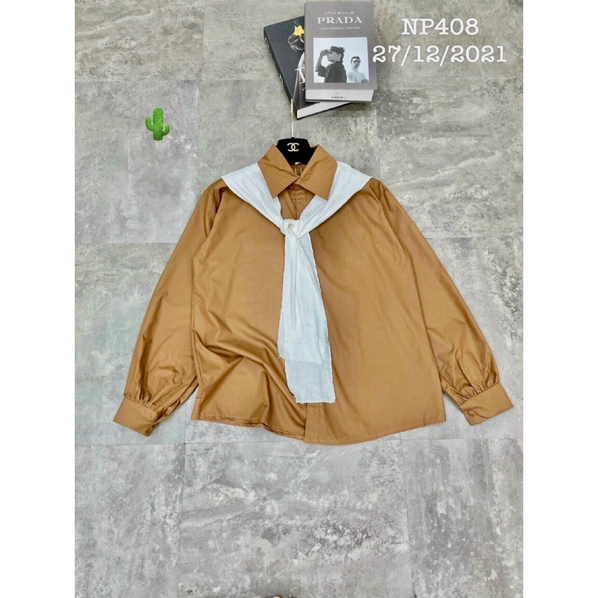 Áo sơ mi xinh form rộng kèm khăn buộc cổ dễ thương pc