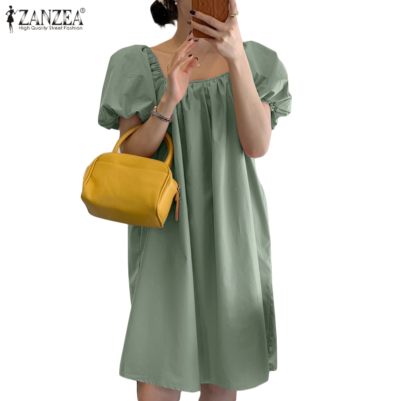 Đầm ZANZEA Tay Ngắn Phồng Cổ Vuông Với Phần Cổ Tay Co Giãn Mini Dành Cho Nữ