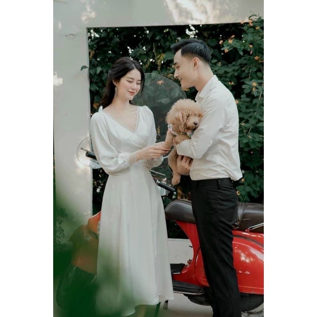 Đầm Thiết Kế Nữ Xếp Ly Hông Váy Trắng Tiệc Cưới Đầm Maxi Phối Ren Cổ Cô Dâu MUN002