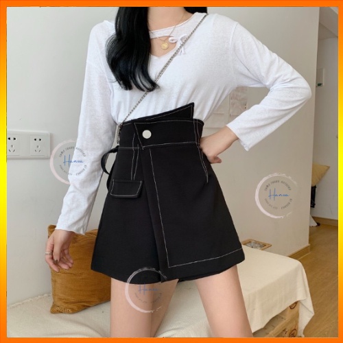 Quần Short Giả Váy Cạp Lệch Kéo Khóa Sau Lưng Đính Cúc Phối Túi Nắp Viền Chỉ Nổi Cá Tính Hanva