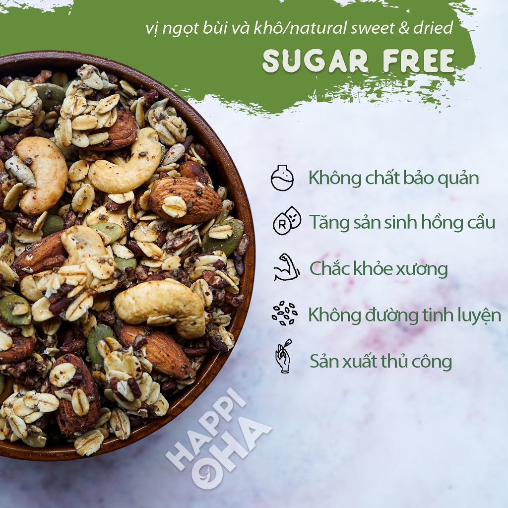 Granola Sugar Free HAPPI OHA 240g/400g - Ngũ Cốc Ăn Sáng/Ngũ Cốc Ăn Kiêng Không Đường  Vị 8 Loại Hạt Trái