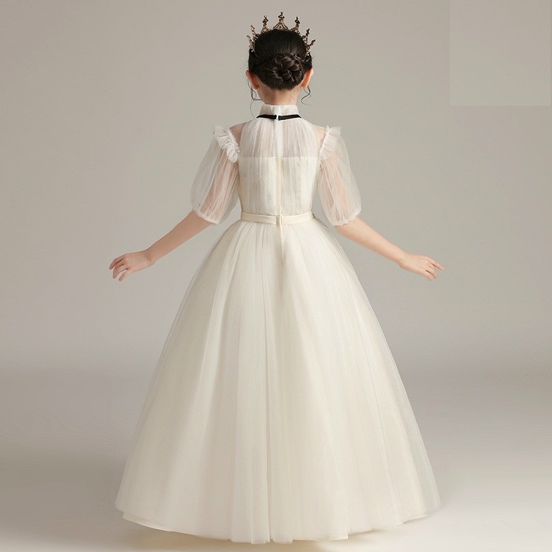 Váy công chúa bé gái thiết kế cao cấp cho bé đi dự tiệc phù dâu siêu xòe màu trắng tay phồng nơ đen DBG063