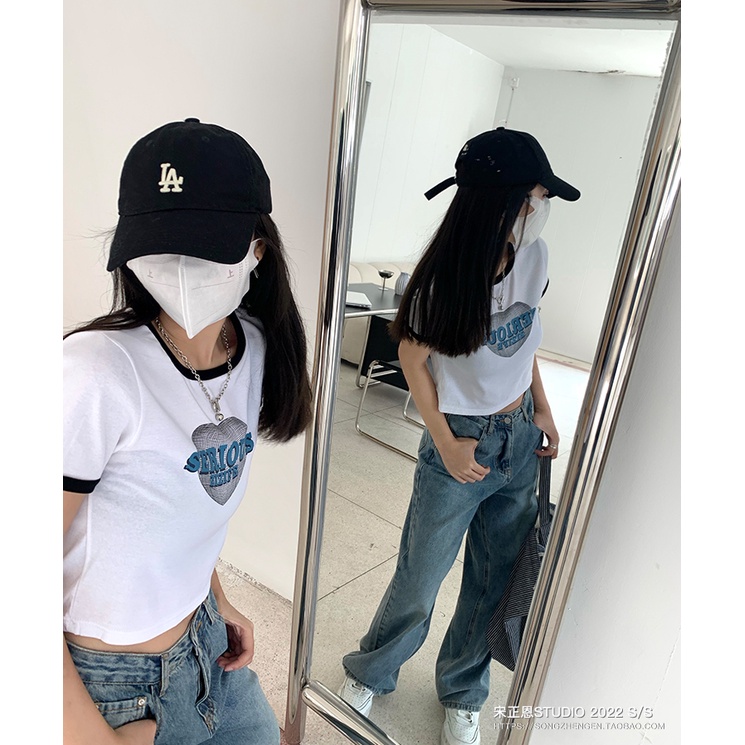 Áo Thun cotton Ngắn Tay Hở Vai Ôm Dáng Màu Sắc Tương Phản Thời Trang Cho Nữ