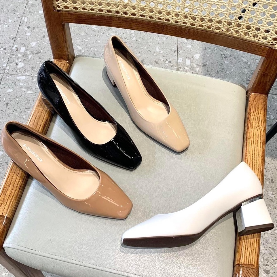 Giày cao gót mũi vuông 4 phân  Annmodels gót vuông phối sắt cao cấp chất liệu da bóng _ A3004XBGOTSAT