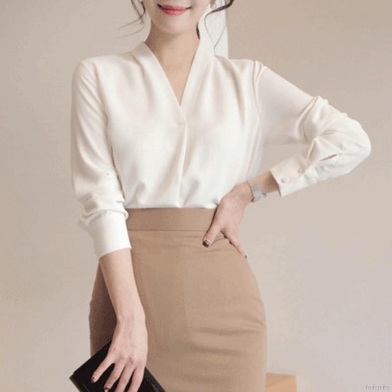 FREESHIP ĐƠN 99K_ Women Elegant Blouse Long Sleeve Solid Sweet V Neck Top Shirt | BigBuy360 - bigbuy360.vn