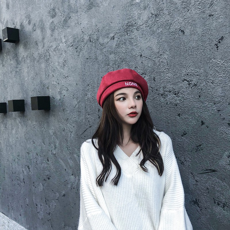 Mũ nồi, mũ beret da lộn thêu chữ None hàng dày dặn phong cách hàn quốc