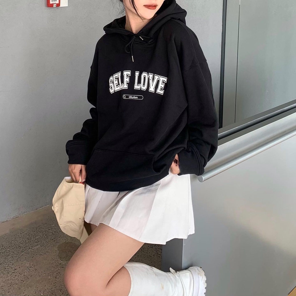 Áo khoác hoodie Kill System Selflove oversize có nón nam nữ, vải nỉ bông chân cua, nhiều màu phong cách unisex